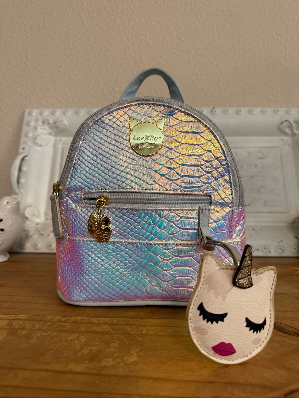 Betsey Johnson Luv Betsey Iridescent Holographic Mini Backpack With Charm